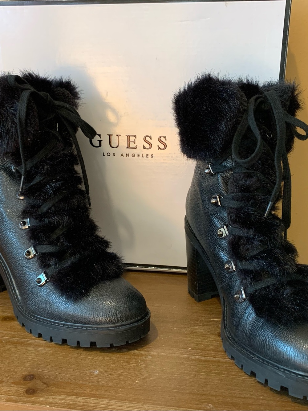 GUESS Black Faux Fur Lace-Up Block Heel Ankle Boots